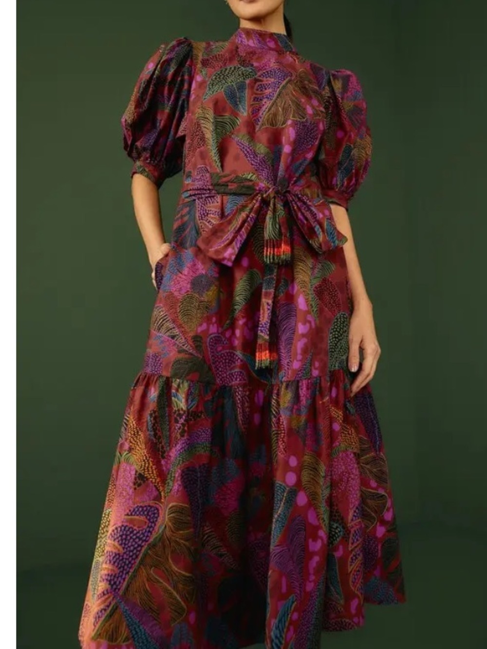 Farm Rio Dotted Forest Midi Dress with Pockets and beaded tassels. Sz M